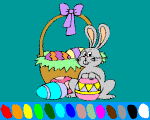 online coloring easter : rabbit and basket full of eggs.